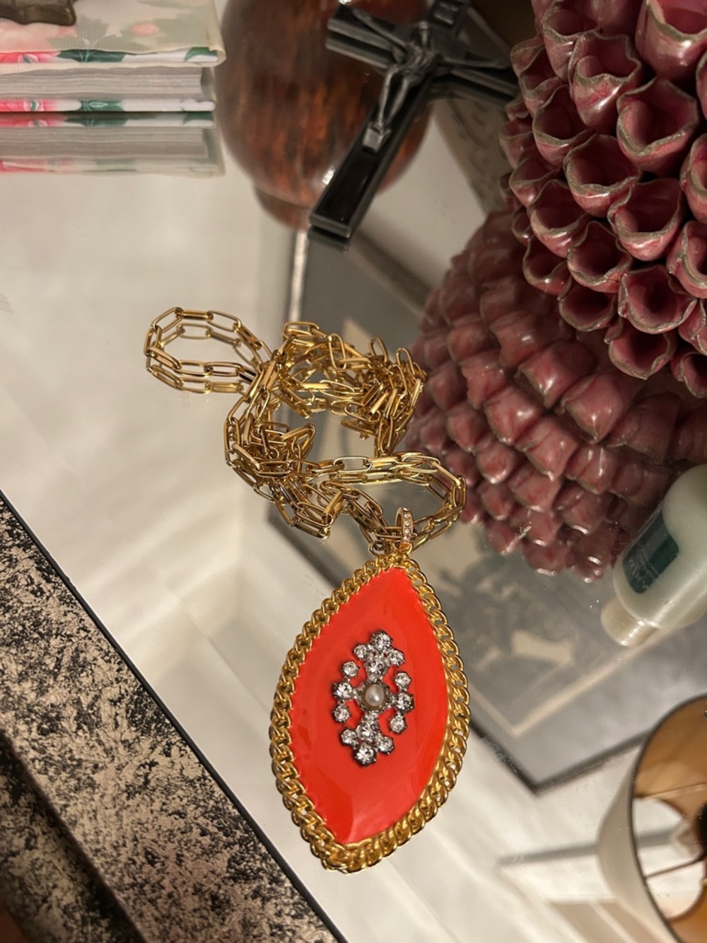 RARE!! GERARD YOSCA orange enamel teardrop pendant long adj Gold Chain Necklace